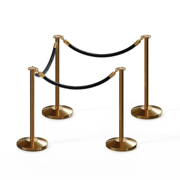 Montour Line Stanchion Post and Rope Kit Sat.Brass, 4 Flat Top 3 Black Rope C-Kit-4-SB-FL-3-PVR-BK-PB